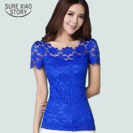 2015 New Short Sleeve Tee Shirt Top For Women Clothing Women Lace Blouse Sexy Floral Sheer Blouses M-5XL blusas femininas 945