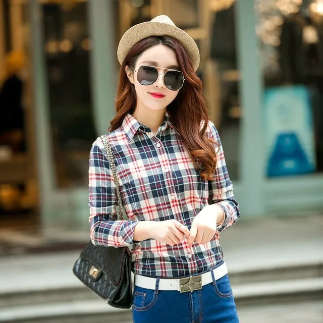 2017 Spring New Fashion Casual Lapel Plus Size Blouses women plaid shirt Checks Flannel Shirts Female Long Sleeve Tops Blouse