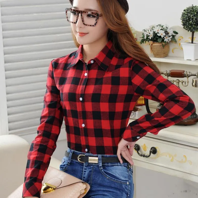 2017 Spring New Fashion Casual Lapel Plus Size Blouses women plaid shirt Checks Flannel Shirts Female Long Sleeve Tops Blouse