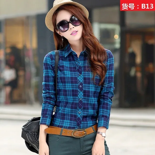 2017 Spring New Fashion Casual Lapel Plus Size Blouses women plaid shirt Checks Flannel Shirts Female Long Sleeve Tops Blouse