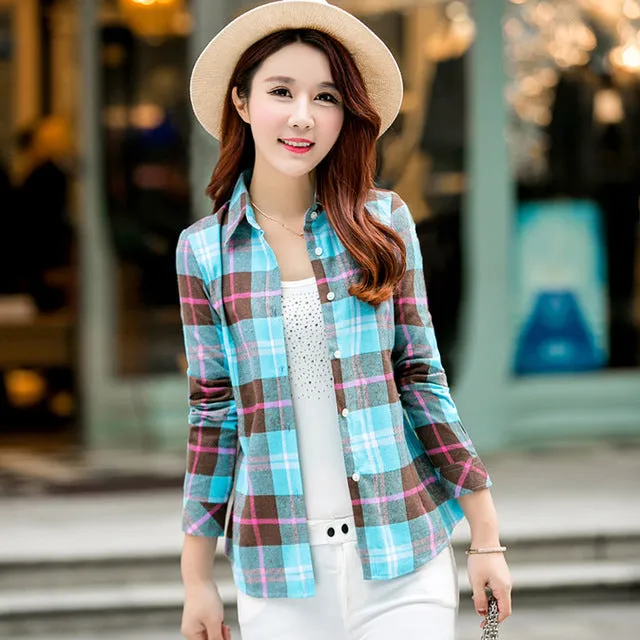 2017 Spring New Fashion Casual Lapel Plus Size Blouses women plaid shirt Checks Flannel Shirts Female Long Sleeve Tops Blouse