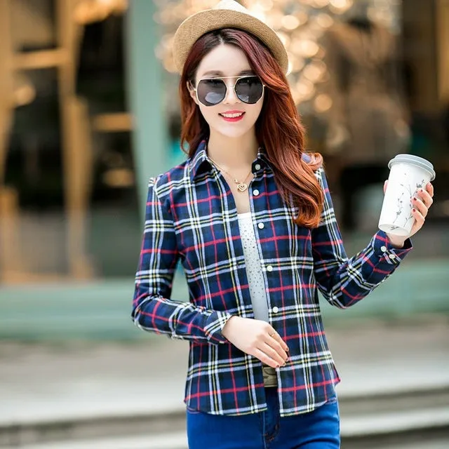 2017 Spring New Fashion Casual Lapel Plus Size Blouses women plaid shirt Checks Flannel Shirts Female Long Sleeve Tops Blouse