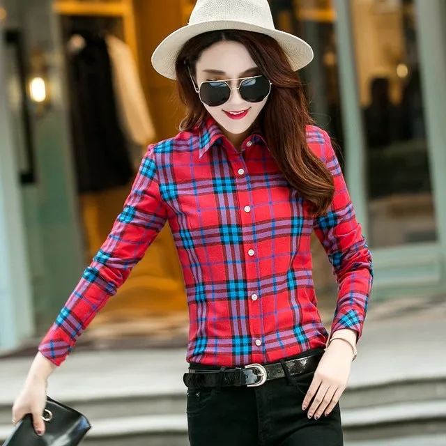 2017 Spring New Fashion Casual Lapel Plus Size Blouses women plaid shirt Checks Flannel Shirts Female Long Sleeve Tops Blouse