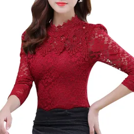 2017 Spring Summer Women Tops Fashion Lace Blouse Long Sleeve Slim Body Floral Shirt Elegant Plus Size Lace Top blusas femininas