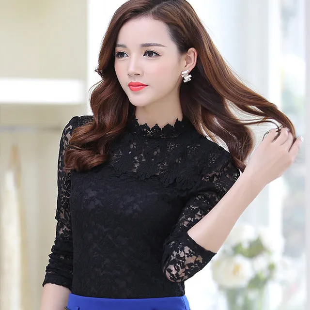 2017 Spring Summer Women Tops Fashion Lace Blouse Long Sleeve Slim Body Floral Shirt Elegant Plus Size Lace Top blusas femininas