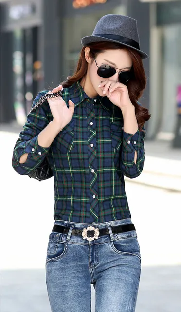 2017 Women's Cotton Winter Fashion Casual Warm Wool Shirts Blouse For Women's Long Sleeve M-XXL Size Femme Velvet Plaid Shirt