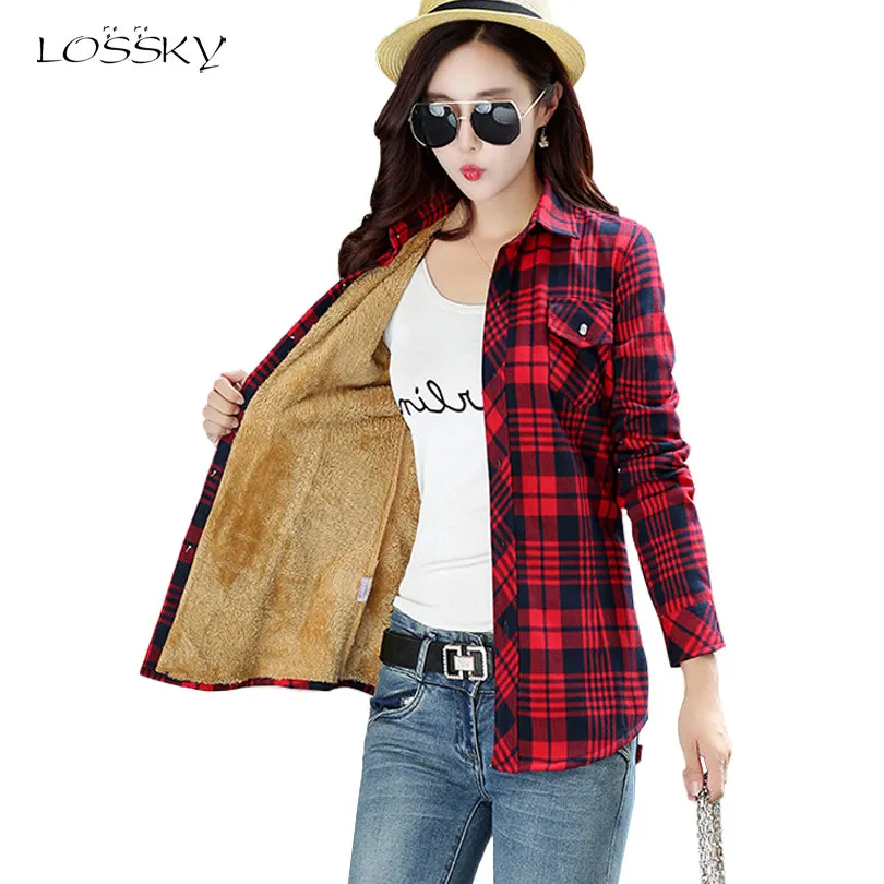 2017 Women's Cotton Winter Fashion Casual Warm Wool Shirts Blouse For Women's Long Sleeve M-XXL Size Femme Velvet Plaid Shirt