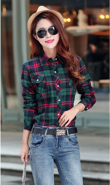 2017 Women's Cotton Winter Fashion Casual Warm Wool Shirts Blouse For Women's Long Sleeve M-XXL Size Femme Velvet Plaid Shirt