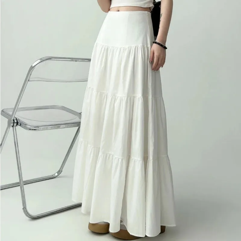 Advbridge White Elegant Women Long Skirt Ruffle Sweet Fashion Casual Basic Skirts Summer Solid Slim Up A-line Patchwork Skirt