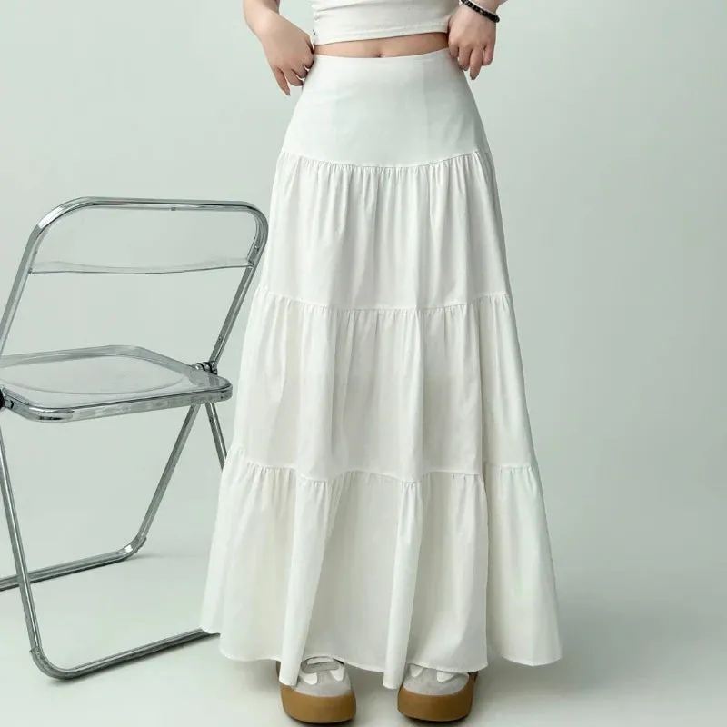 Advbridge White Elegant Women Long Skirt Ruffle Sweet Fashion Casual Basic Skirts Summer Solid Slim Up A-line Patchwork Skirt