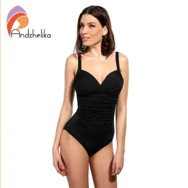 Andzhelika One Piece Swimsuit 2017 Women Swimwear Solid Beach Plus Size Bodysuits Vintage Retro Fold Bathing Suits Monokini