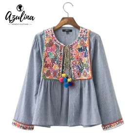 AZULINA Vintage Floral Embroidery Blouse Blusas Women Long Sleeve Blue Striped Spring Summer Cotton Linen ethnic blouse top 2017