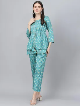 Bandhani Teal Muslin Three Piece Top Pant Set With Peplum Jacket