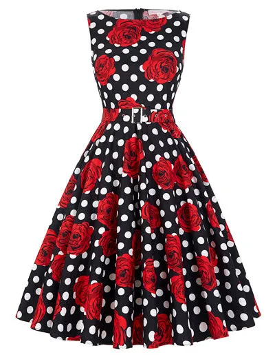 Belle Poque 2017 Summer Women Dress Cotton Sleeveless Belt Polka Dot Floral Print Vintage 50s Rockabilly Dresses Vestidos Mujer