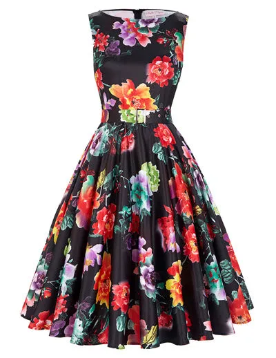 Belle Poque 2017 Summer Women Dress Cotton Sleeveless Belt Polka Dot Floral Print Vintage 50s Rockabilly Dresses Vestidos Mujer