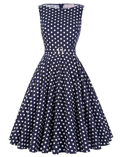 Belle Poque 2017 Summer Women Dress Cotton Sleeveless Belt Polka Dot Floral Print Vintage 50s Rockabilly Dresses Vestidos Mujer