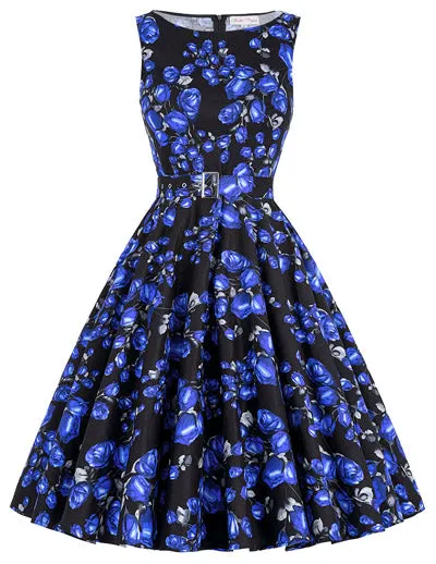 Belle Poque 2017 Summer Women Dress Cotton Sleeveless Belt Polka Dot Floral Print Vintage 50s Rockabilly Dresses Vestidos Mujer