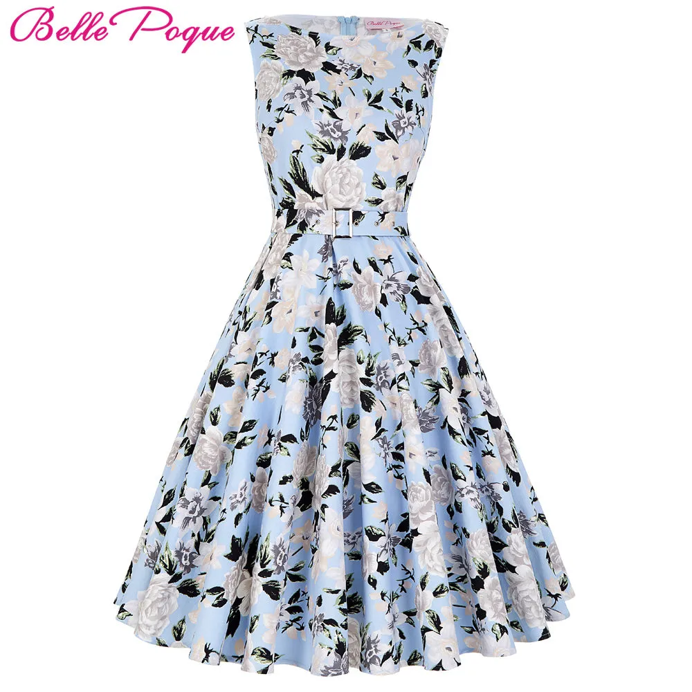 Belle Poque 2017 Summer Women Dress Cotton Sleeveless Belt Polka Dot Floral Print Vintage 50s Rockabilly Dresses Vestidos Mujer