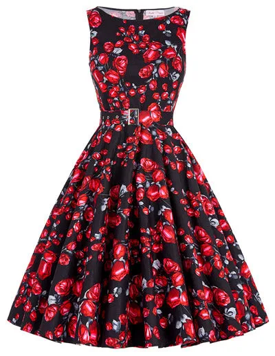 Belle Poque 2017 Summer Women Dress Cotton Sleeveless Belt Polka Dot Floral Print Vintage 50s Rockabilly Dresses Vestidos Mujer