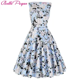 Belle Poque 2017 Summer Women Dress Cotton Sleeveless Belt Polka Dot Floral Print Vintage 50s Rockabilly Dresses Vestidos Mujer