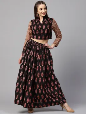 Black Printed 3/4Th Sleeve Blouse With Black Printed Flared Skirt