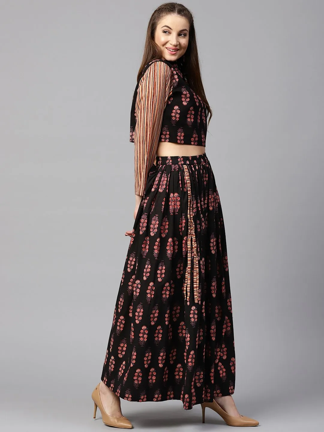 Black Printed 3/4Th Sleeve Blouse With Black Printed Flared Skirt