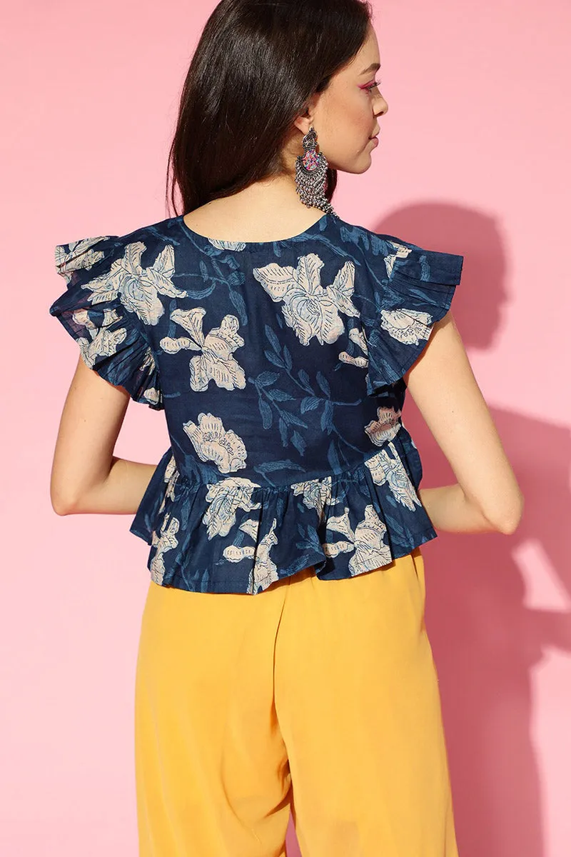 Blue Cotton Floral Print Peplum Crop Top