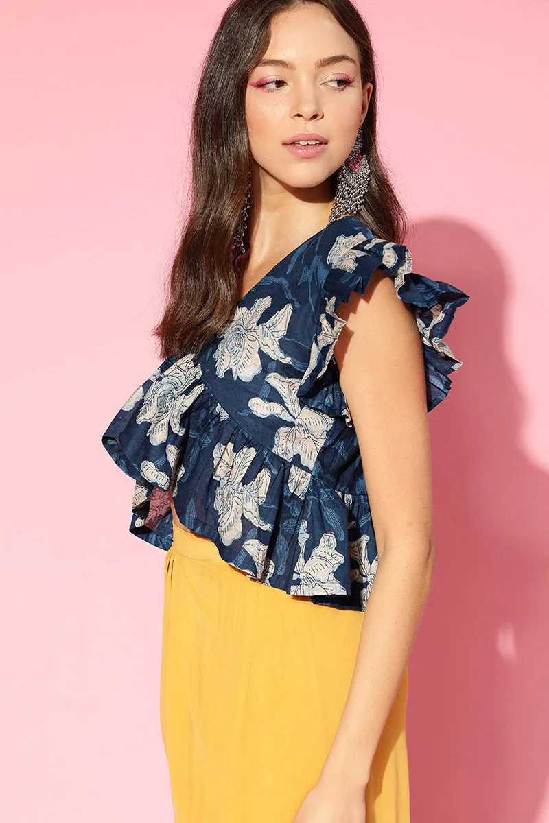 Blue Cotton Floral Print Peplum Crop Top