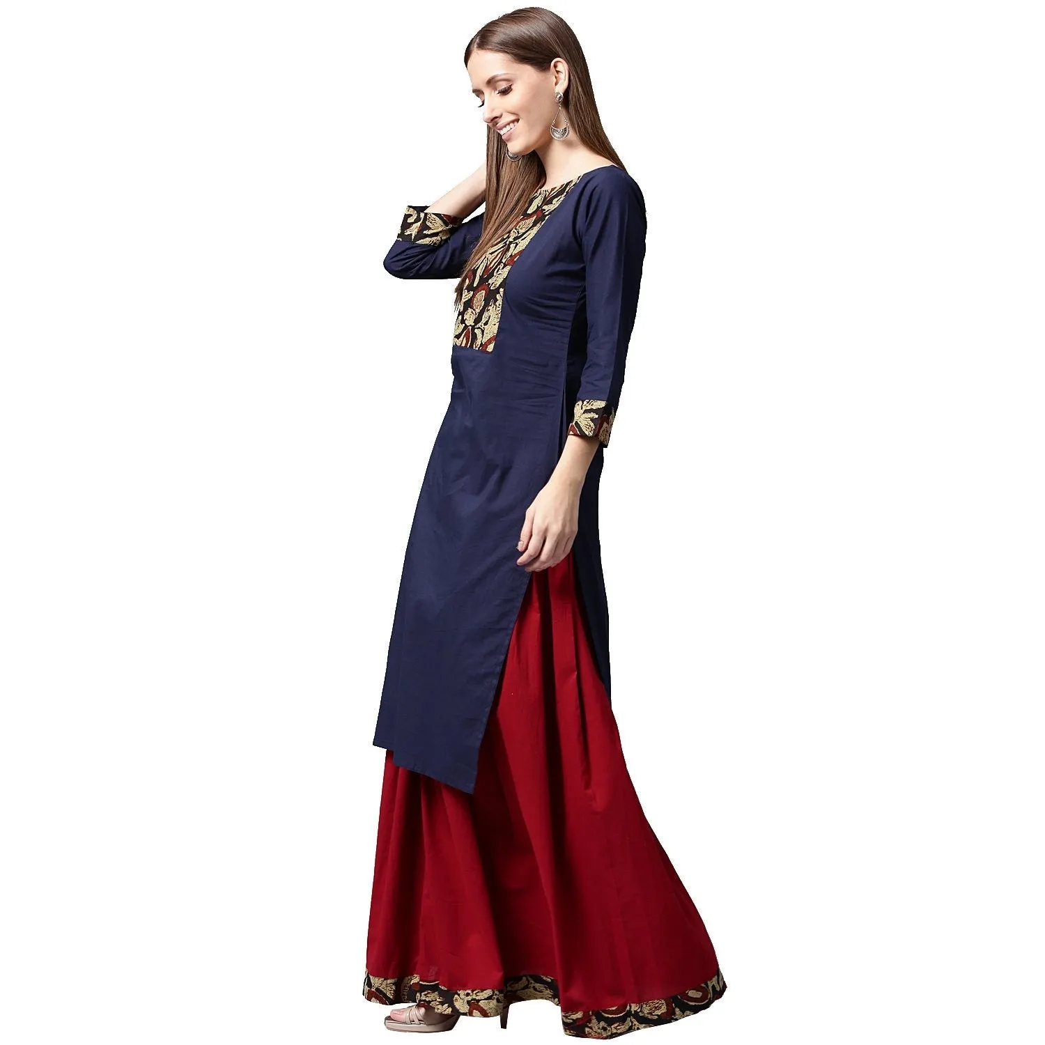 Blue Printed 3/4Th Sleeve Cotton Kurta With Maroon Skirt