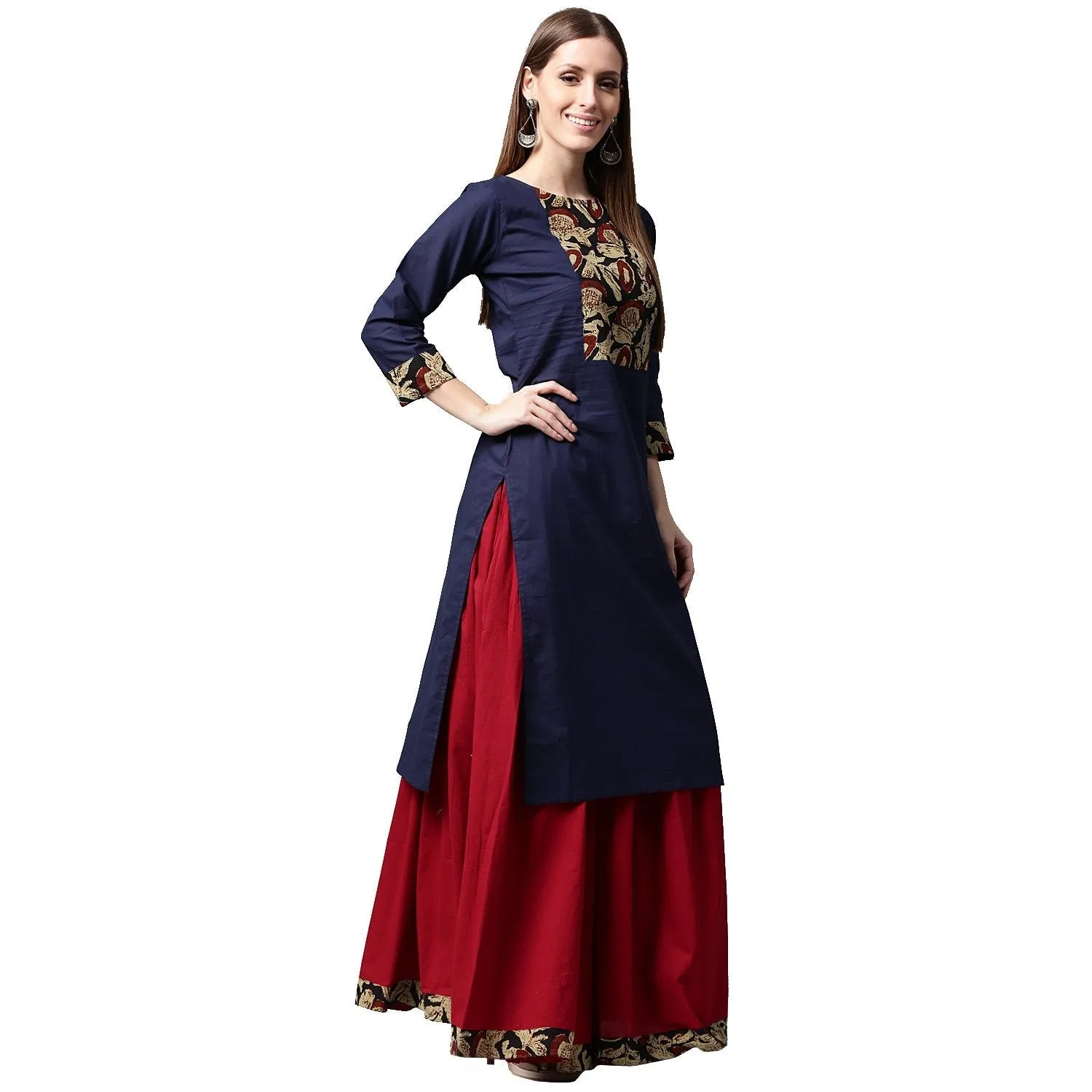 Blue Printed 3/4Th Sleeve Cotton Kurta With Maroon Skirt