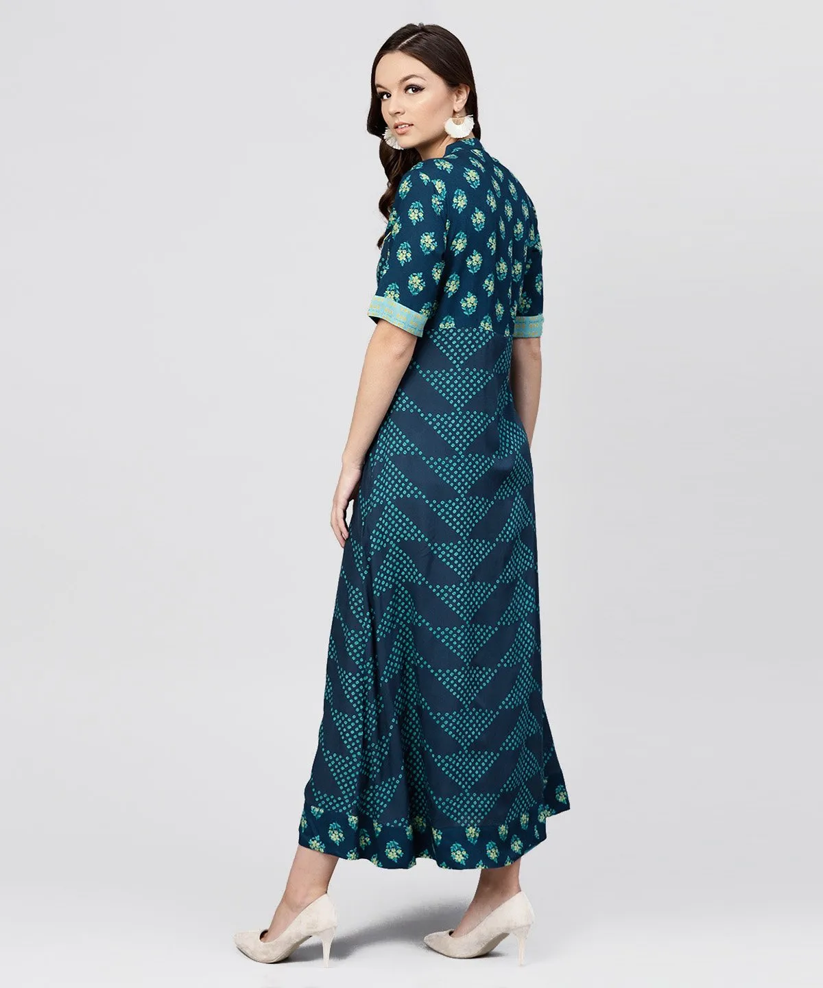 Blue Printed Panelled Cut A-Line Kurta With Printed Yoke And Front Placket