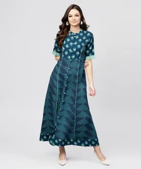 Blue Printed Panelled Cut A-Line Kurta With Printed Yoke And Front Placket