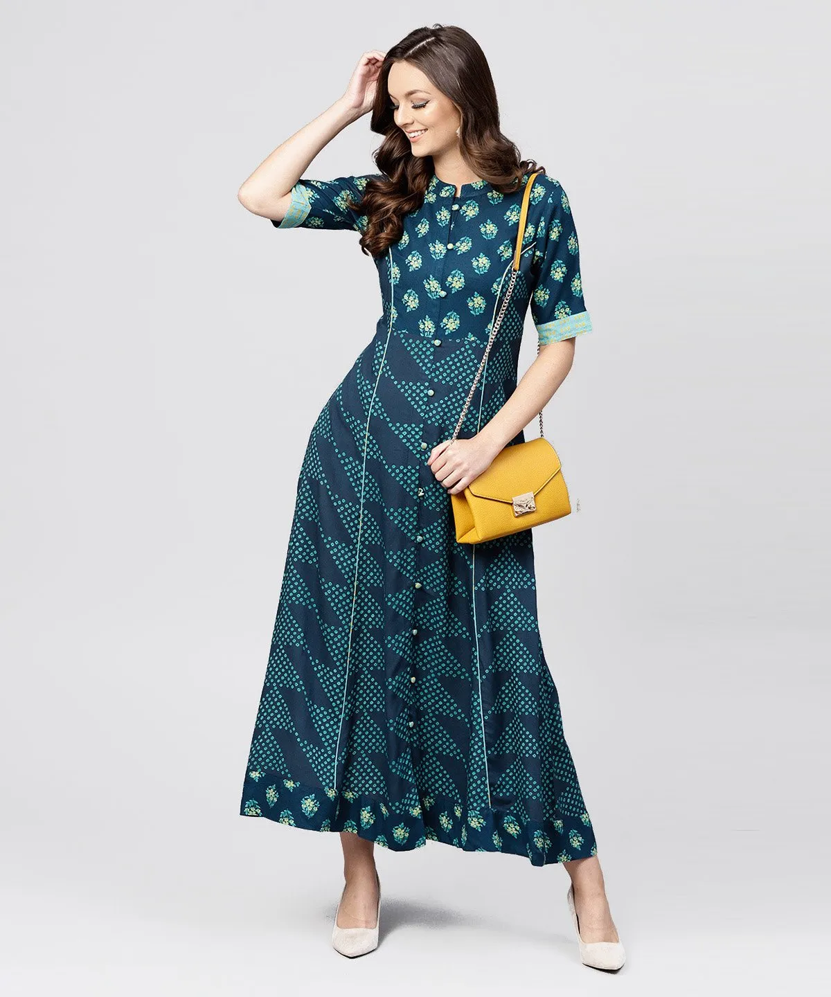 Blue Printed Panelled Cut A-Line Kurta With Printed Yoke And Front Placket