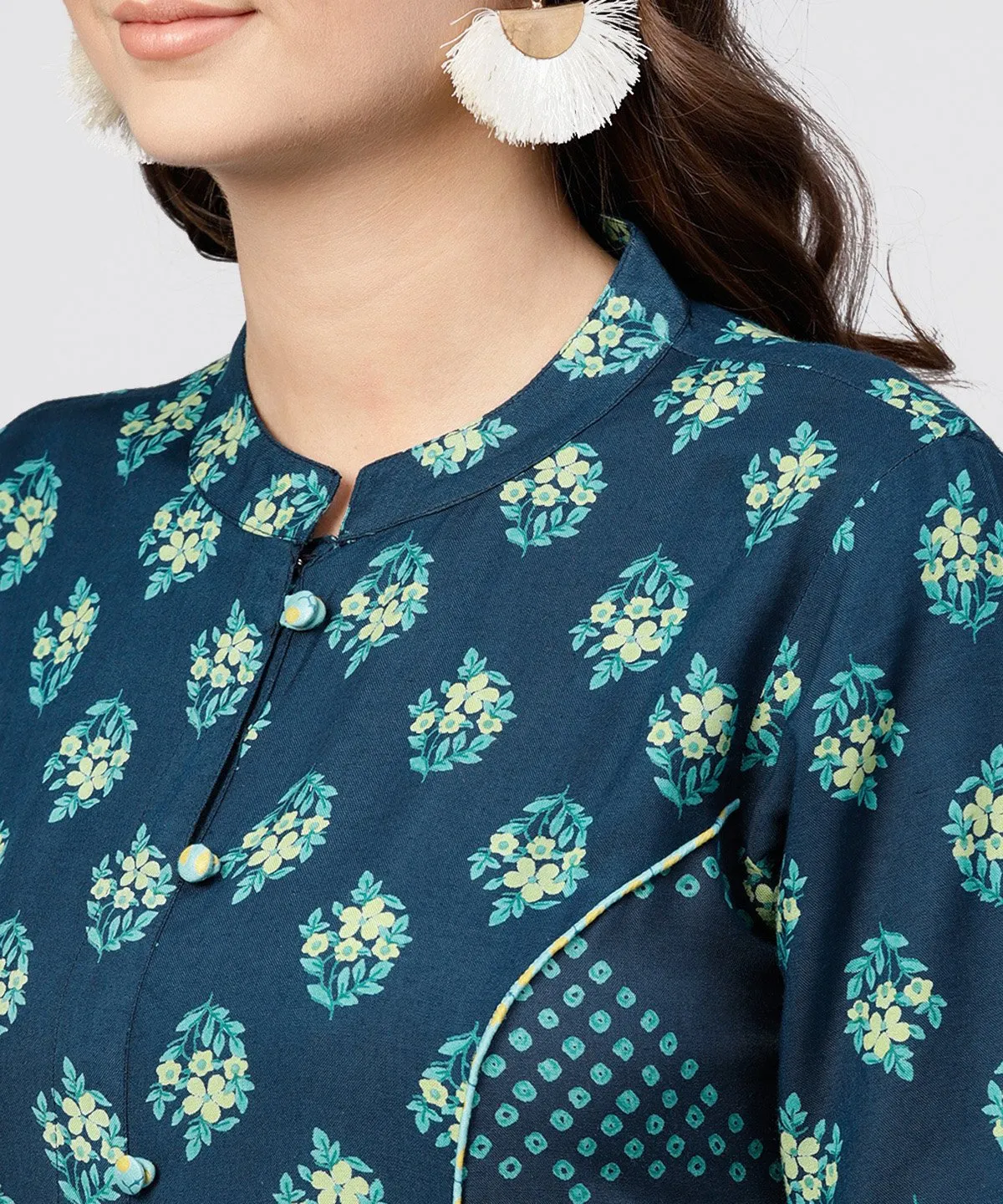 Blue Printed Panelled Cut A-Line Kurta With Printed Yoke And Front Placket