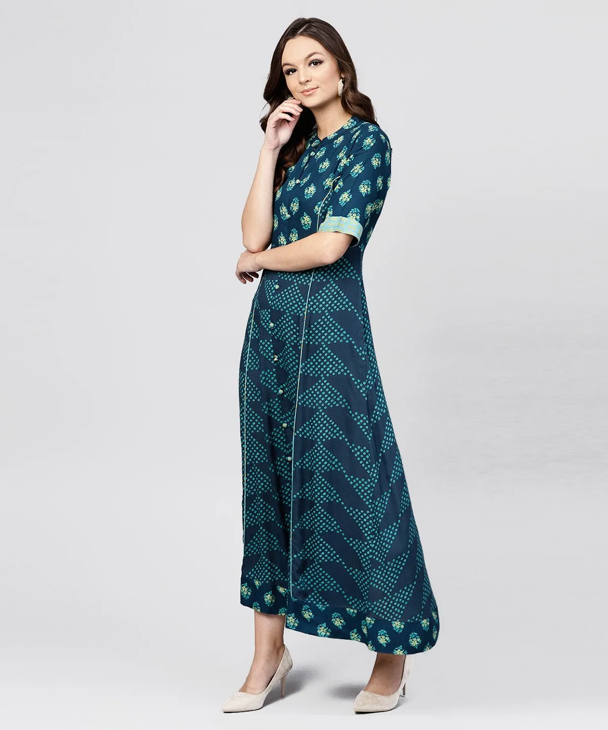 Blue Printed Panelled Cut A-Line Kurta With Printed Yoke And Front Placket