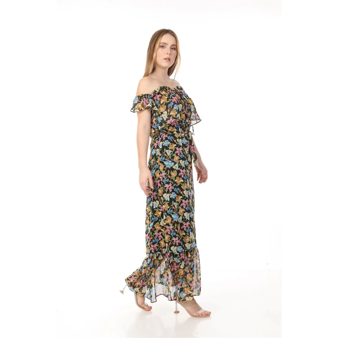 Blue Strapeless Floral Maxi Dress