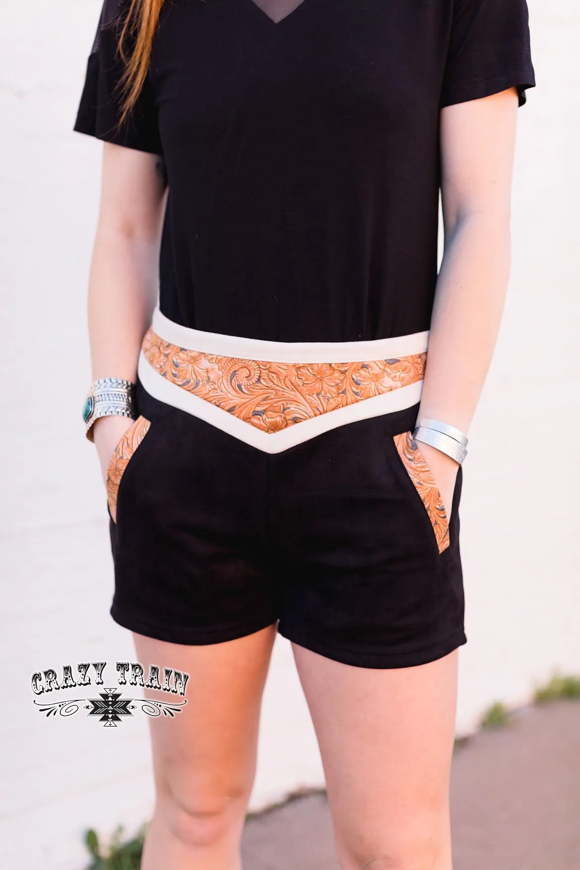 Crazy Train Whistle Britches Tooled Leather Shorts, Black