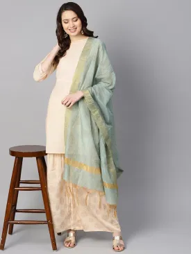 Cream 3/4Th Sleeve Kurta Set With Gold Printed Sharara & Powder Blue Checked Dupatta