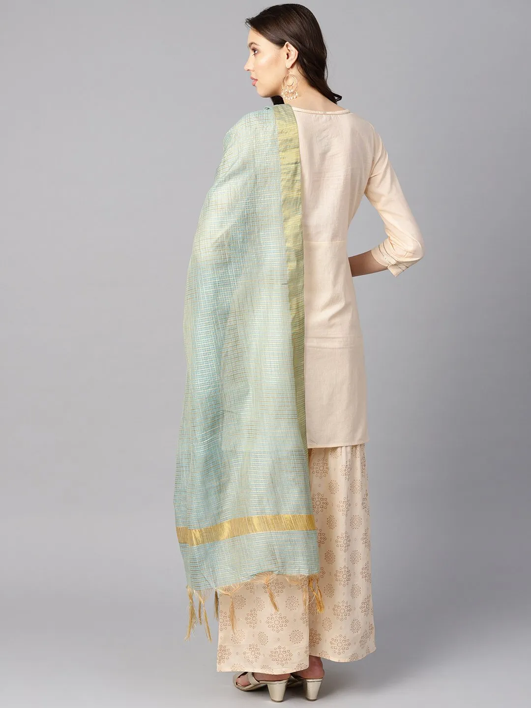 Cream 3/4Th Sleeve Kurta Set With Gold Printed Sharara & Powder Blue Checked Dupatta