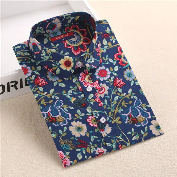 Dioufond Summer Floral Blouse Shirt Women Long Sleeve Tops Cotton Shirts White Navy Blouses Small Flower Blusas Femininas 2016