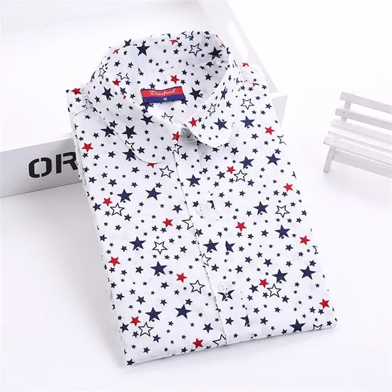 Dioufond Women Blouse Shirt Star Print Long Sleeve Blouse Vintage Cotton Fox Shirt Casual Plus Size Women Shirt Ladies Tops New