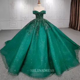 Elegant Off Shoulder Green Beaded Sequins Ball Gown Evening Dress For Women DY9957