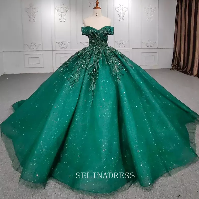 Elegant Off Shoulder Green Beaded Sequins Ball Gown Evening Dress For Women DY9957