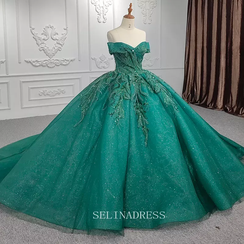 Elegant Off Shoulder Green Beaded Sequins Ball Gown Evening Dress For Women DY9957