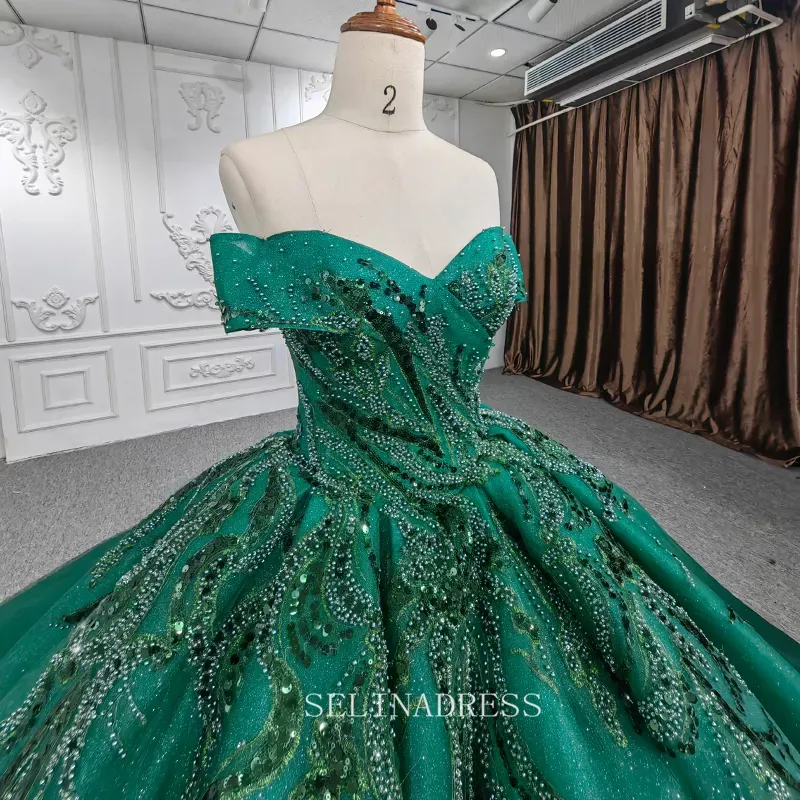 Elegant Off Shoulder Green Beaded Sequins Ball Gown Evening Dress For Women DY9957