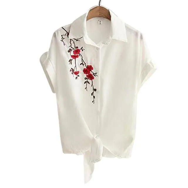 Embroidery White Top Blouses Shirts (US 8-16)