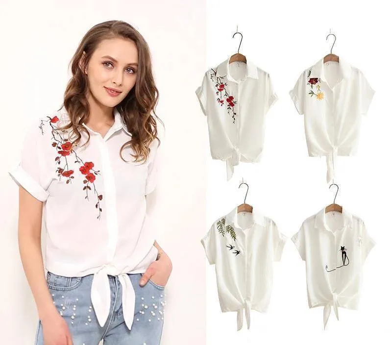 Embroidery White Top Blouses Shirts (US 8-16)