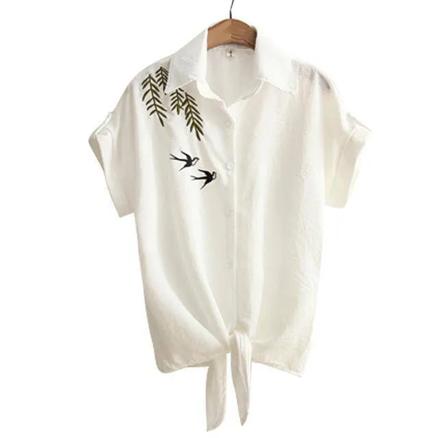 Embroidery White Top Blouses Shirts (US 8-16)