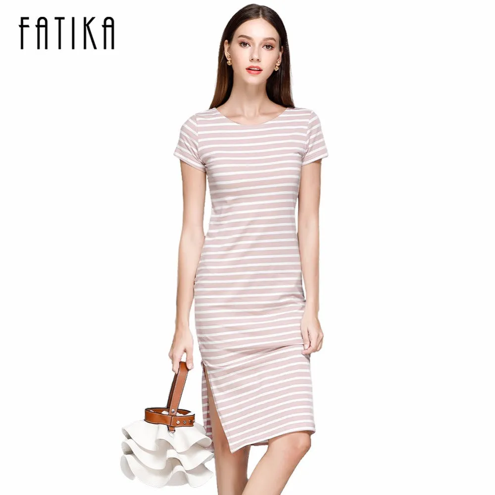 FATIKA Women Casual Summer Dress Short Sleeve O-Neck Bodycon Dress Striped Side Split T Shirt Women's Slim Fit Dresses