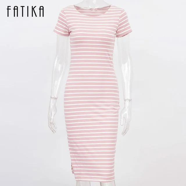 FATIKA Women Casual Summer Dress Short Sleeve O-Neck Bodycon Dress Striped Side Split T Shirt Women's Slim Fit Dresses